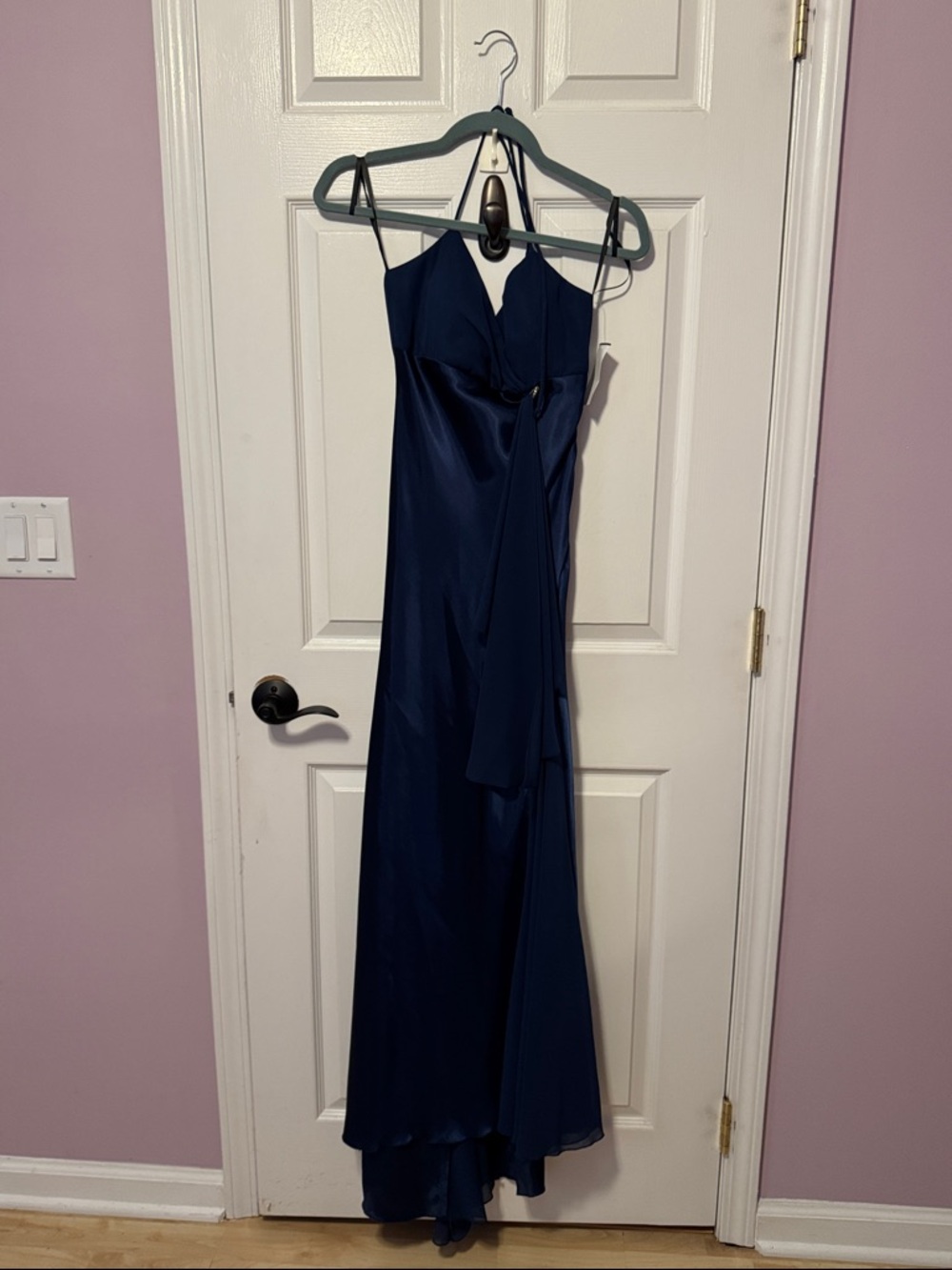 Betsy & Adam Navy Satin Spaghetti-Strap Prom Gown